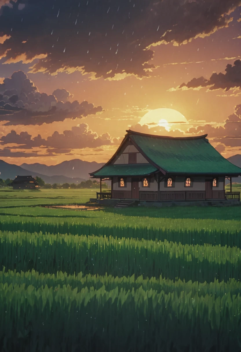 masterpiece!!!! 8k stone hut in the middle of green field ANIME GHIBLI STYLE!!!!! The image shows a serene twilight scene with clouds, rain, lighting, shadows, 8khdr sol ilumination!!!! sunrise clouds