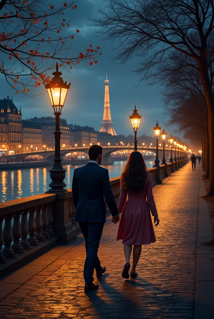 Un couple marche dans la nuit la rue en pavé à Paris le long de la Seine et des clés