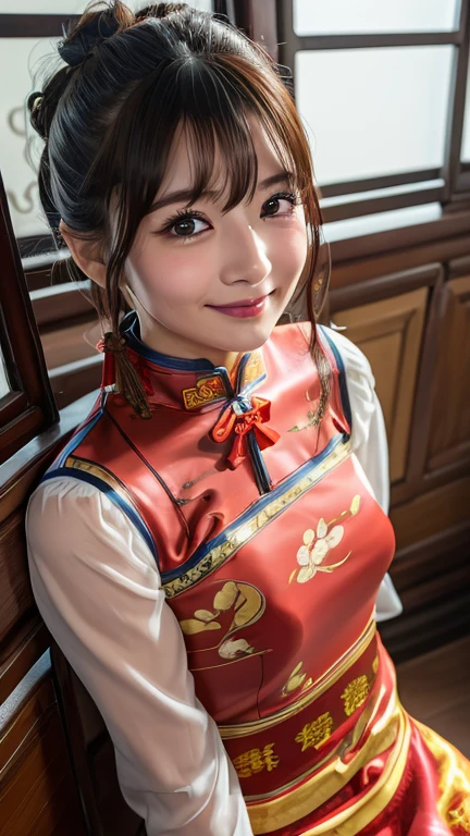 (8k, Photorealistic, RAW Photos, Best image quality: 1.4), Japanese schoolgirl、Super detailed face、Eye on the details、double eyelid、Sharp focus:1.2、Beautiful woman:1.4、Light brown hair、Highest quality、masterpiece、Ultra-high resolution、(Photorealistic:1.4)、非常に詳細でプロフェッショナルに照らされたsmile、(A glamorous cheongsam:1.5)、blush、Tear bags、amount、Cleavage、Small breasts、Hair Bun、From above、High angle、Armpits、smile、Selfie、freckles、Sweat、