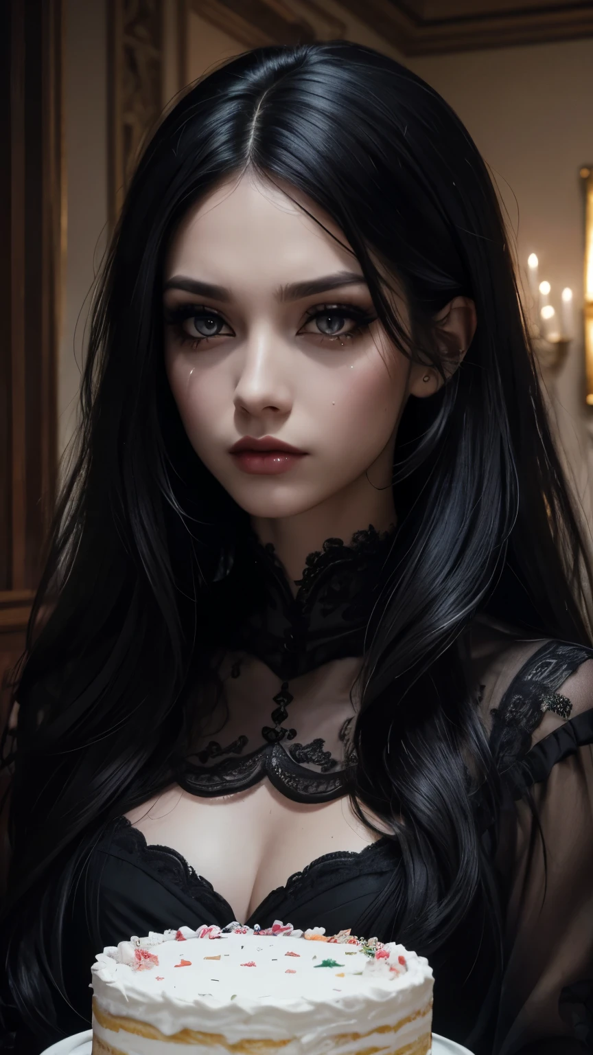 (best quality,4k,8k,highres,masterpiece:1.2),ultra-detailed, ((long black hair)), pretty, gorgeous, beautiful, gothic, living room background, dejected expression, gaunt eyes, ((black makeup)), sad, hazel eye color, sad, depressed, moody aesthetic, moody, messy hair, makeup running, crying, birthday cake, tears, trembling lip