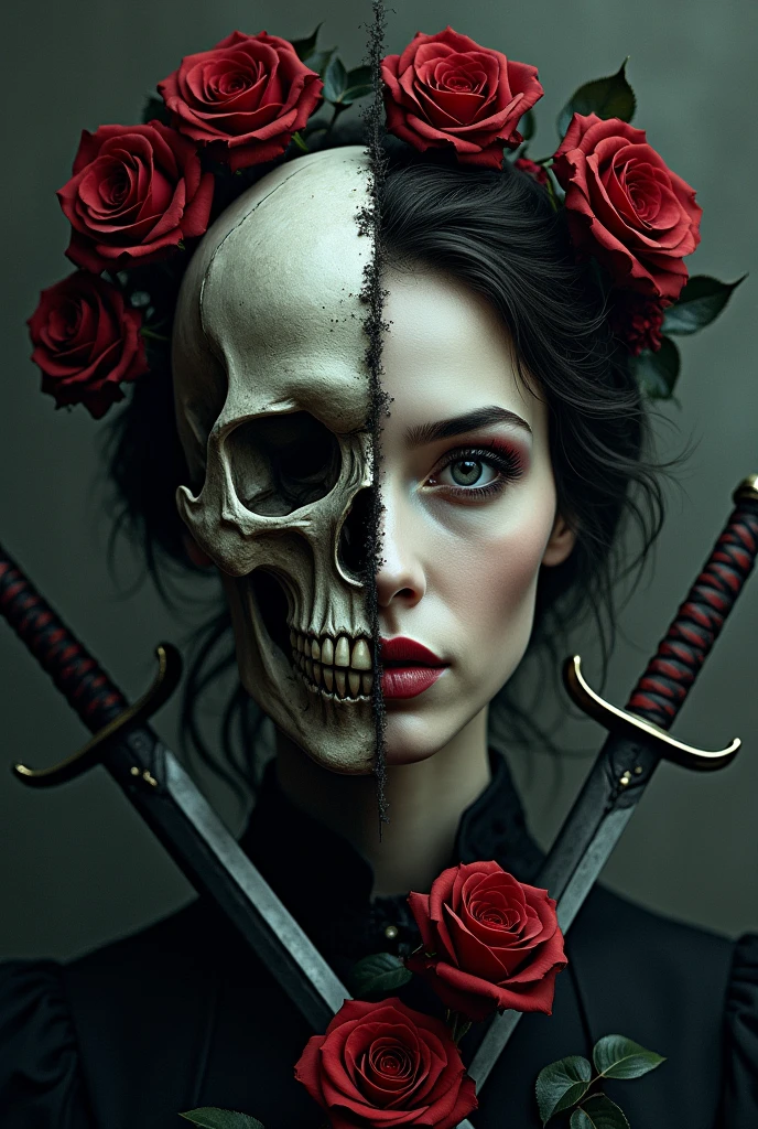 A woman's face, half human, half skull,
With crossed swords Background with red and black roses and dark green details