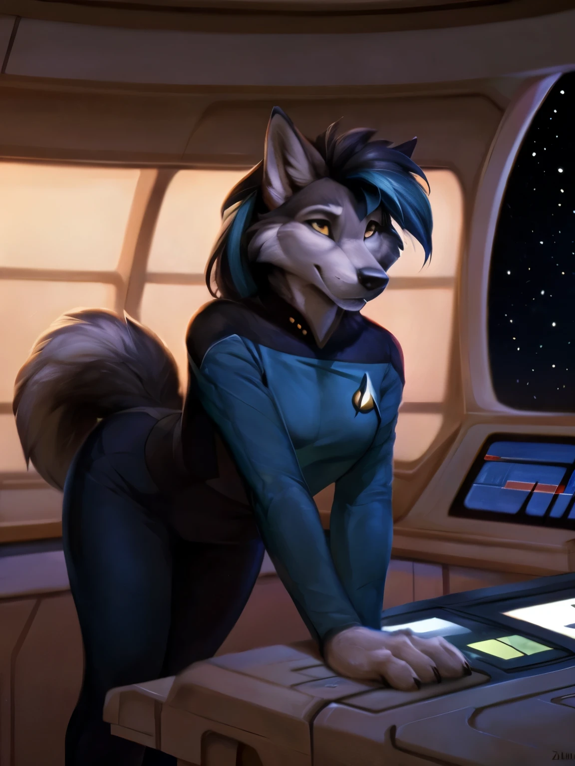 uploaded on e621,by hioshiru, by zaush, by Einshelm, solo anthro, (detailed fur), (detailed skin), female, ((wolf)), (detailed fur), grey fur, dark hair with blue streak, attractive body, sexy body, thick-thighs, adult, digitigrade legs, (paws), perfect eyes, realistic hands, full body portrait, ((fluffy tail)), Star Trek TNG, On a starfleet star ship, good hands, best hands, using a control console, well lit, medical bay, ((zero-g)), ((floating)), naked, nipples, vagina, clothes floating in background, legs spread, vulva, vaginal secretions