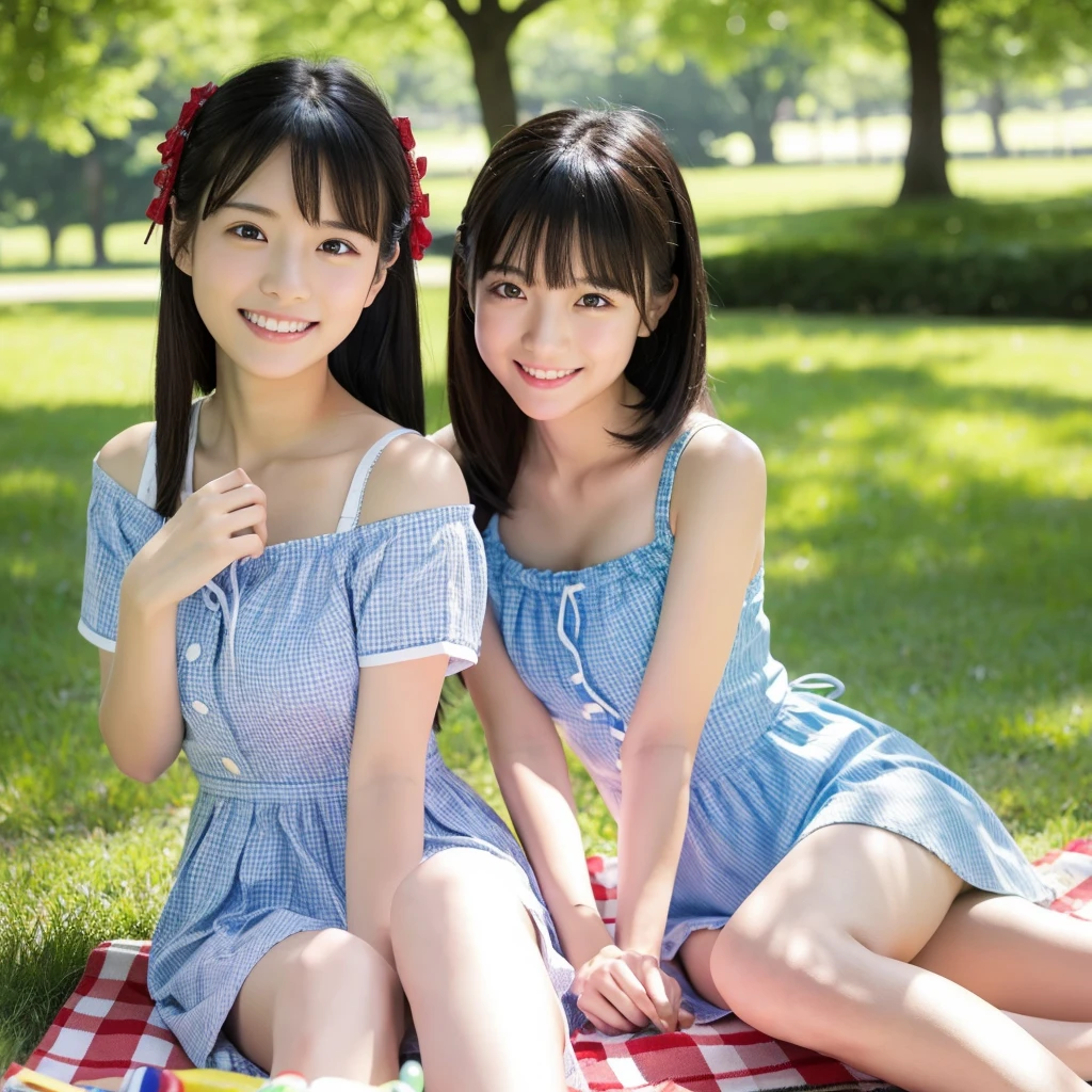 Japan Girls、Sitting on a picnic blanket in the park、Wearing cute little summer clothes、Actual photo、High resolution, masterpiece, Accurate, Anatomically correct, 最高quality, Attention to detail, High resolutionモデル, 高quality, quality, Very detailed, Textured skin, 超High resolution, smile, 8k octane,