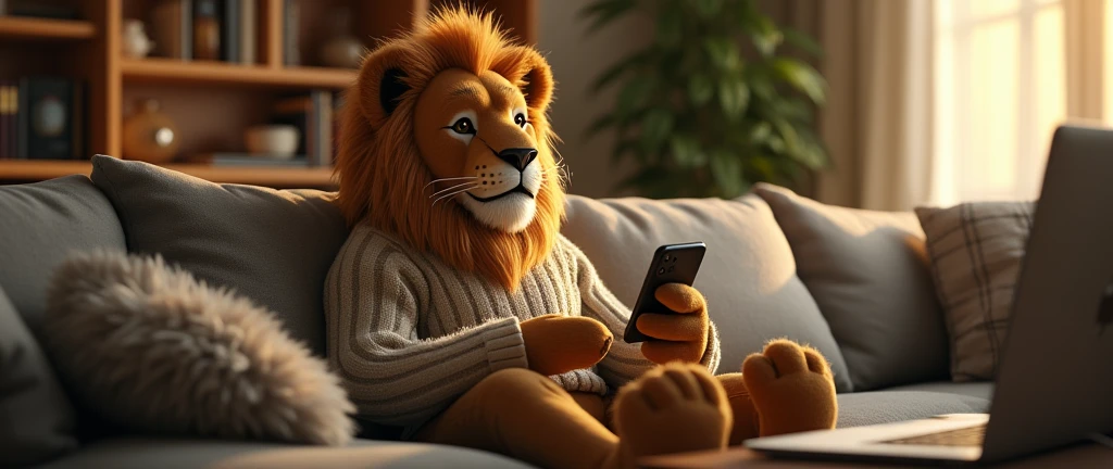 A young human lion dressed in a sweater, sitting on the couch in his house with a phone in his hand editing videos and a computer on the table. 