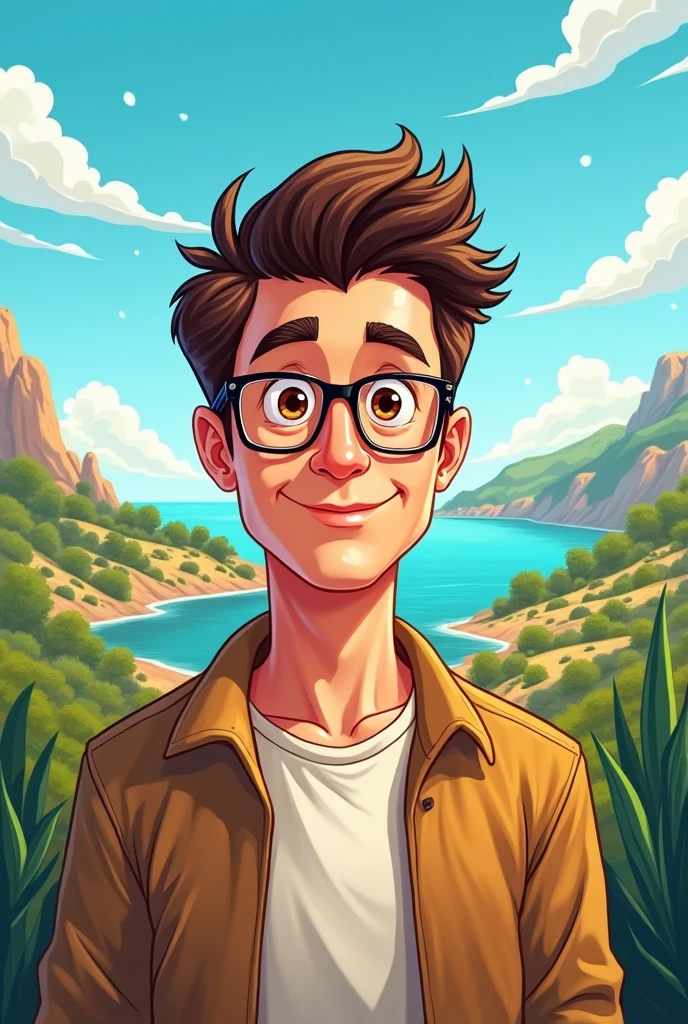 2D CARTOON DRAWING OF A MAN WITH SHORT BROWN HAIR ON THE SIDES, White skin, WITH GLASSES BROWN EYES WITH SICILY BACKGROUND