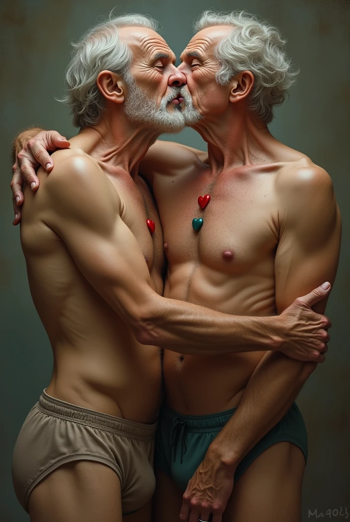 Two old men kissing with heart underwear piercing on their chest