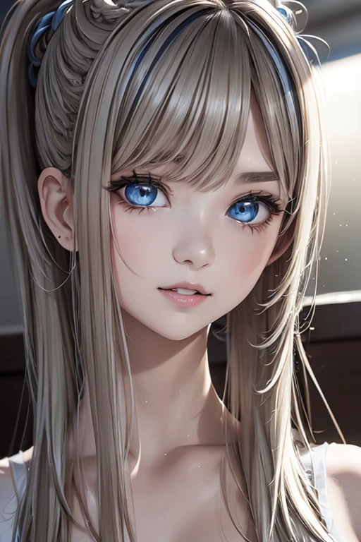 master piece,highres,4k.8k,Lifelike:1.2,Close-to-reality1.0,
full body,
Greige hair, ((highlights hair, Blue streaked hair:1.0)),
braided bangs,high ponytail,
glamorous,
mischievous,
full body,full body,full body,
