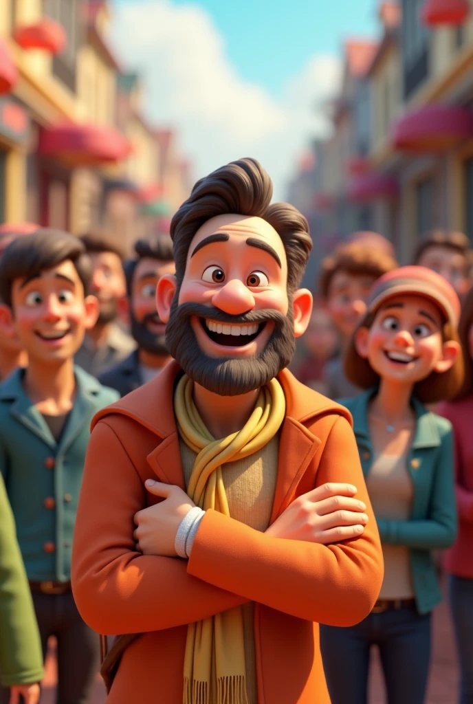 Create a 3d cartoon animation image Scene 6: Finding True Happiness* 

- A shot of the rich man surrounded by people he has helped
- A picture of the rich man smiling and laughing with others
- A close-up of the rich man's face, looking content and at peace 

These image prompts can help illustrate each scene of the story and bring it to life!