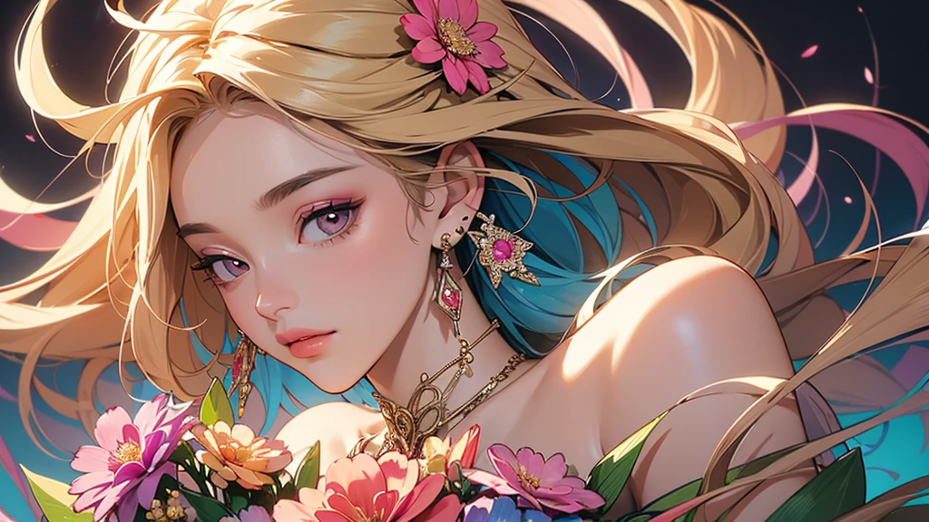 32K, 最高quality, 最高masterpiece, (ultra-Detailed Background, Detailed Background), High resolution, Super detailed, Very detailedな, 1 personの, (bouquet:1.3), (Tangled:1.2), (Geometric:1.2),(colorful),(masterpiece, quality, best quality, Official Art, Beautiful and beautiful:1.2), (1 person:1.3), Very detailed,(colorful:1.1)(Flowers:1.3),Most detailed,(Tangled:1.2), whole body, (Abstract background:1.3), (Skin glows), (Many colors:1.4), ,(Earrings Jewelry:1.5), Gradient Background, It's imaginative., Flaxen Hair,