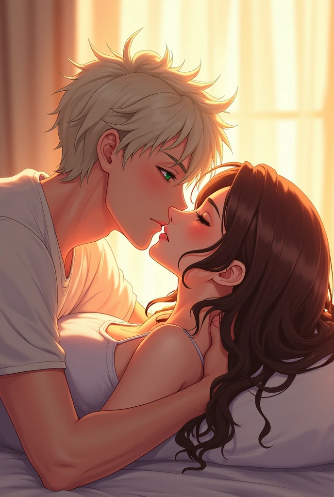 Whiteblonde hair man,green eyes, white boy, laying on a bed next to a brown hair woman,tan skin,brown eyes kissing her neck and hugging her anime skin