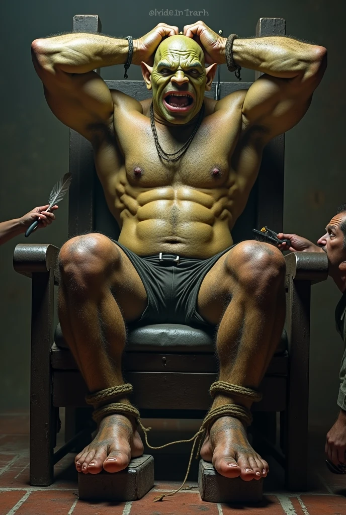 A handsome，The orc with abs is tied to the tickle torture chair，Shoes taken off，Revealing two big bare feet，Both feet are locked in the foot，Feet raised，Keep your feet elevated，The soles of your feet should face the screen，Soles facing forward，Five toes tied with rope in foot，His hands were tied tightly to the chair.，Raise both hands above your head，Exposing the arm socket，His upper body was stripped，Wearing only a pair of trousers，Being tickled by a man in a cap，His armpits were constantly tickled by feathers.，The soles of his feet were being scratched by two brushes.，The toes are also tickled by the feathers growing from the toes.。The abdomen is scratched with a brush，And he laughed（Have an expression of laughing like being tickled，Keep your feet elevated，Raise both hands above your head，Exposing the arm socket，The soles of your feet should face the screen）