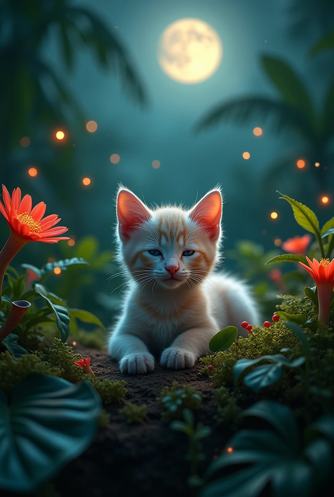 "Create a realistic image of a kitten lying in a cloudy tropical forest, with lush vegetation, fungi and plants like dionadeas, droseras . Include fireflies flying around, It's night time lunar illumination. Photographic style, not animated. Precise details and real textures."