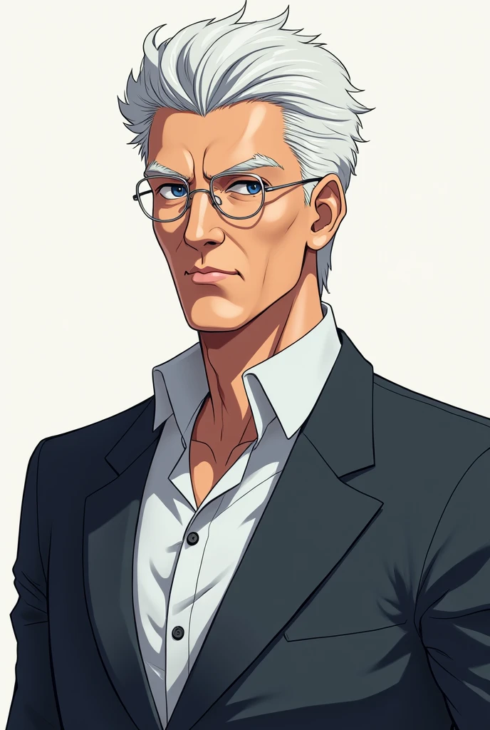 Anime 2d drawing white haired male teacher with serious expression
