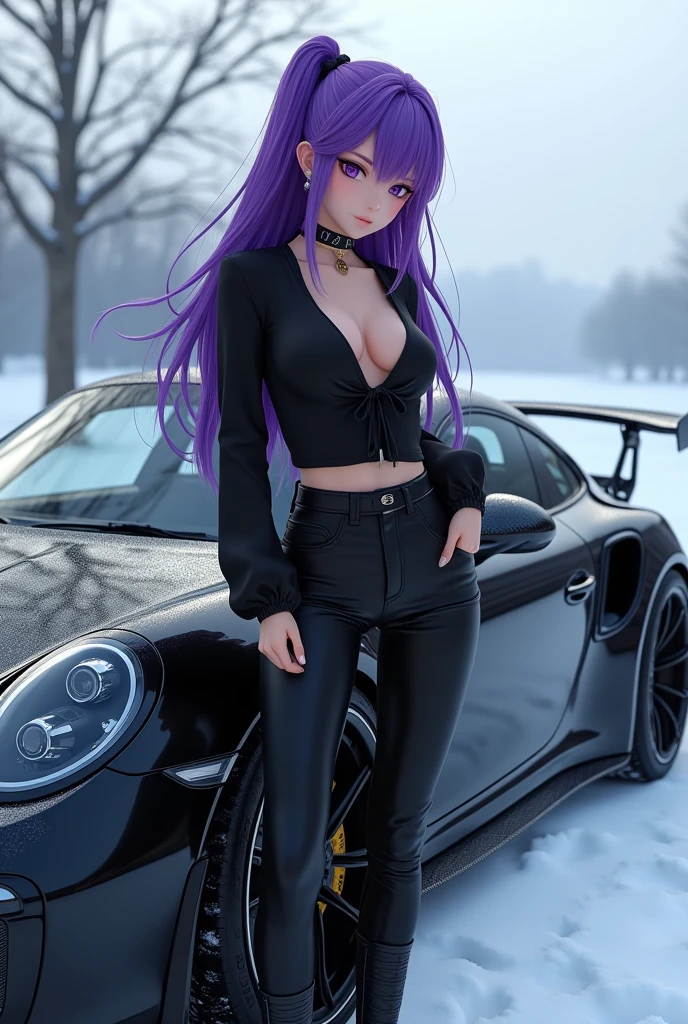 anime girl with black pants and a black blouse with big breasts and purple hair next to a black carbon fiber porsche gt3 rs in the snow with a realistic lake behind
