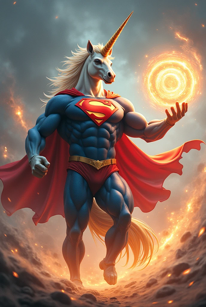 Create an image of a humanoid unicorn with a muscular, powerful physique, dressed in a Superman costume. The unicorn has a strong, heroic stance, and is performing the Rasengan technique, with a swirling, glowing sphere of energy in one hand. The background can be dynamic, with energy waves radiating from the Rasengan, highlighting the intensity and strength of the character