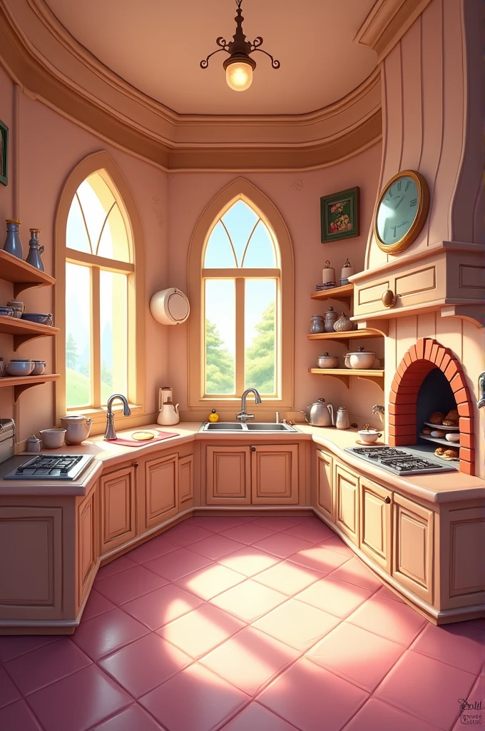 Baking room in the princess castle without people. Make it in Disney cartoon style. Also add ovens and other baking stuffs but not to much make it clean and plane. Make this room can fit 4 people.