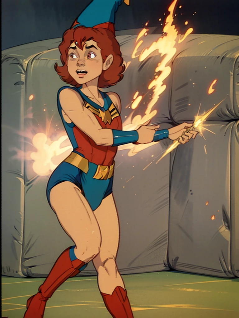 a redhead cartoon character, wonder woman outfit, very muscular, male wizard, 1980s cartoon, animated episode still, Presto (((mad))), ((Wears a wizard hat))