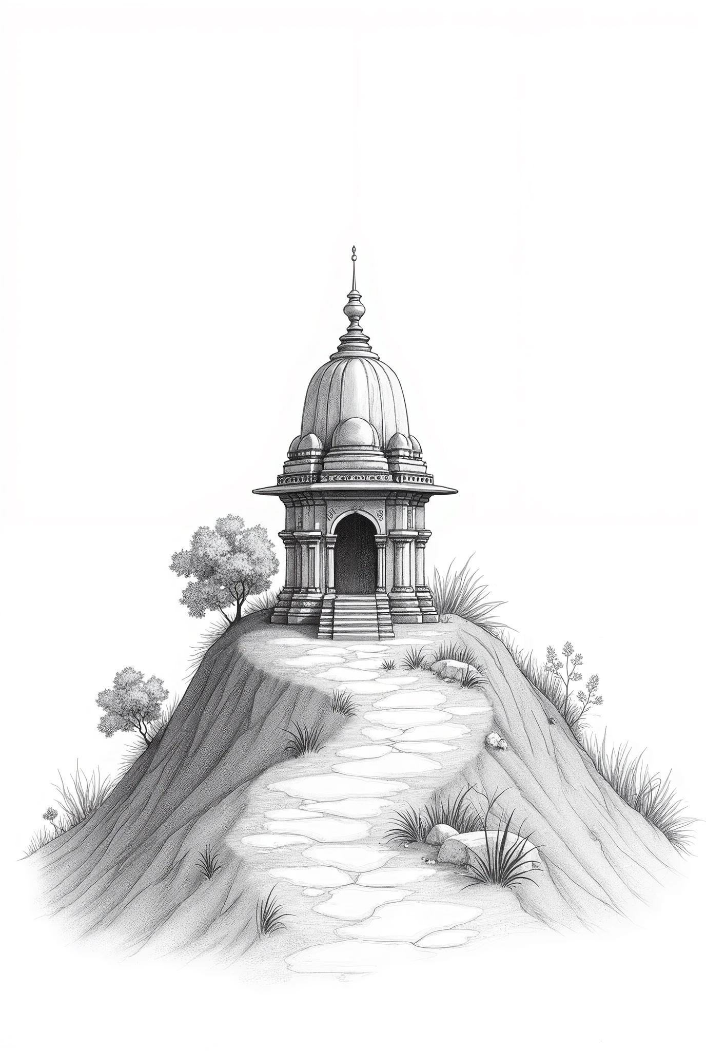 Pencil sketch of a small hill with a indian small
temple on top