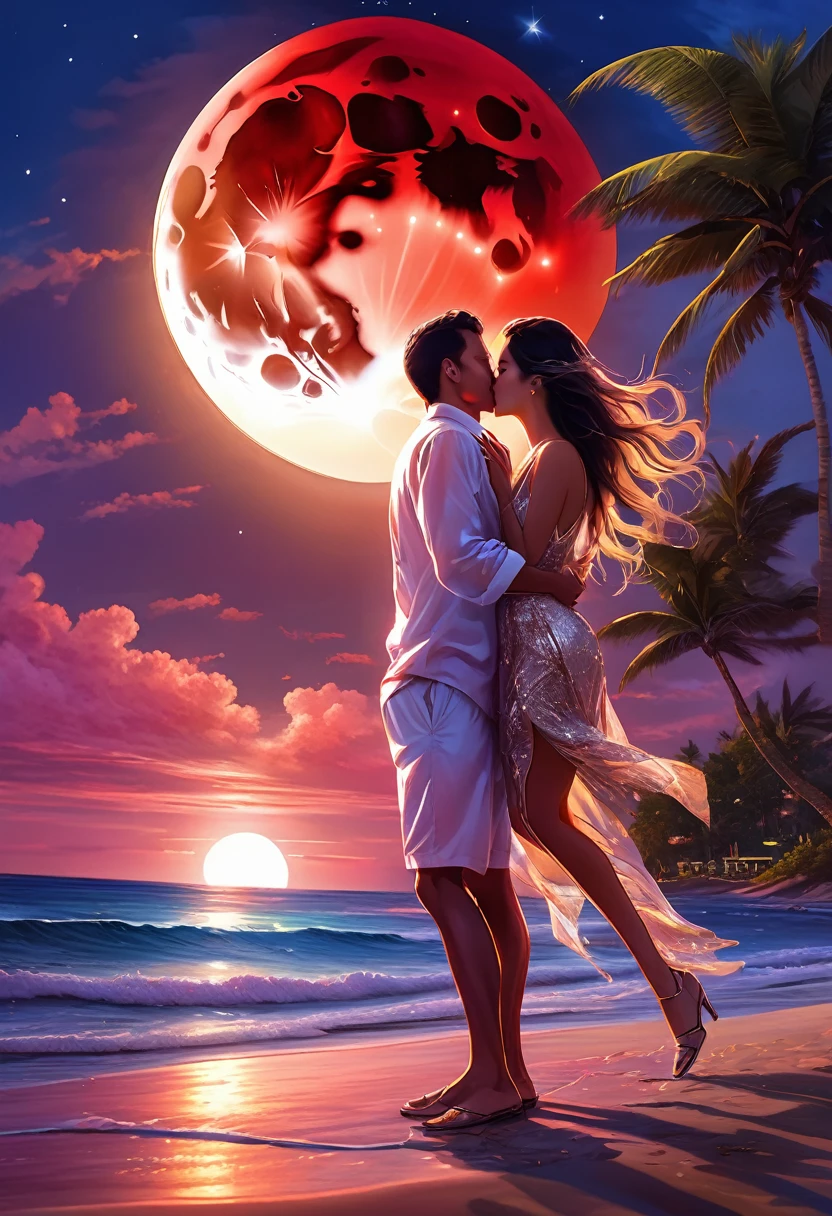 Masterpiece, Super Detail, High Detail, Best Quality, 8K, sunset beach,night Lighting, large red moon, lovers kissing