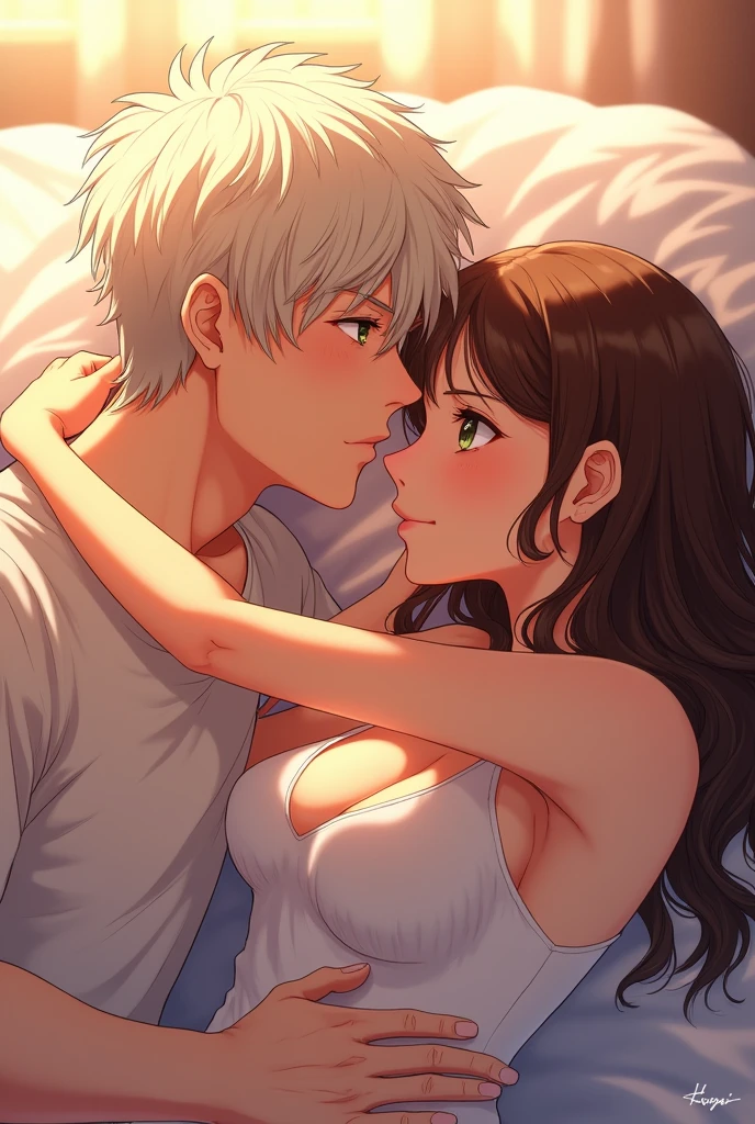 Whiteblonde hair man,green eyes, white boy, laying on a bed next to a brown hair woman,tan skin,brown eyes kissing her neck and hugging her anime skin