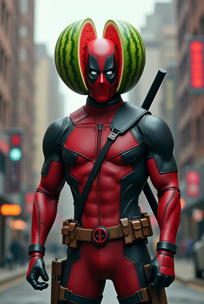 Deadpool with a watermelon helmet on his head