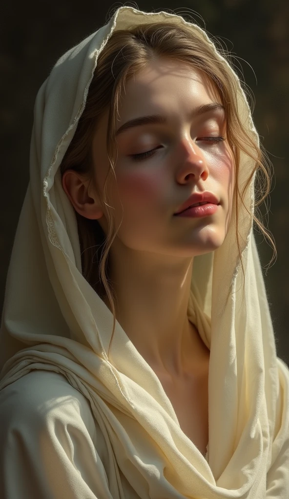 beautiful young Anne Hathaway, as Virgin Mary (traditional sabbath clothing of Judea 2024 years ago), blushing, eyes closed, pursed lips, closeup, masterpiece, photorealistic, detailed portrait, high quality, realistic, intricate details, warm lighting, soft focus, dramatic lighting, oil painting, renaissance style