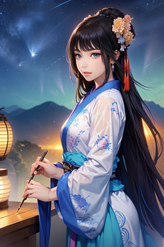 Starry sky landscape、shooting star、Han Dynasty Landscape、Three Kingdoms、(Highest quality,4K,8k,High resolution,masterpiece:1.2)、Very detailed, High resolution,、Hyper HD、Studio Lighting、Ultra-fine painting、 Sharp focus、 Physically Based Rendering、 Very detailed説明、 Professional、 Vibrant colors、Traditional Chinese Painting Techniques、 Atmospheric lighting、 Vivid color contrast、Very detailed目と顔、 Beautiful attention to detail、 Light on the face、Hanfuを着た少女、(Hanfu: 1.1)、Eyes are green、(((1 girl)))、Anatomically correct