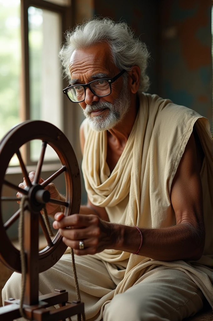 A men who wear dhoti kurta and simple glasses  he is old 58 yera old doing with charkha to make cotton cloth 