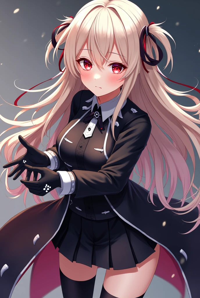 Anime girl with red eyes and long ash blonde hair with black highlights and tips, He wears a modern uniform consisting of a long-sleeved black coat with silver trim and detailing., white ornaments around both of his fists, black skirt, black gloves, Waders, Her gloves release resistant threads and she is able to manipulate them