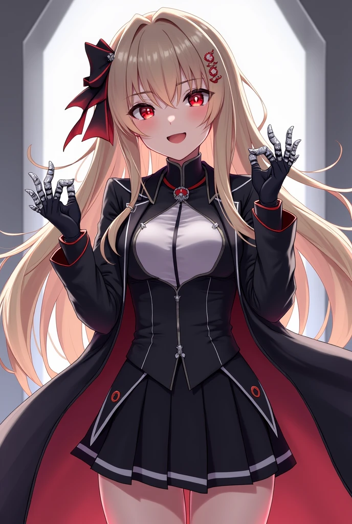 Anime girl with red eyes and long ash blonde hair with black highlights and tips, He wears a modern uniform consisting of a long-sleeved black coat with silver trim and detailing., white ornaments around both of his fists, black skirt, black gloves, Waders, Her gloves release resistant threads and she is able to manipulate them
