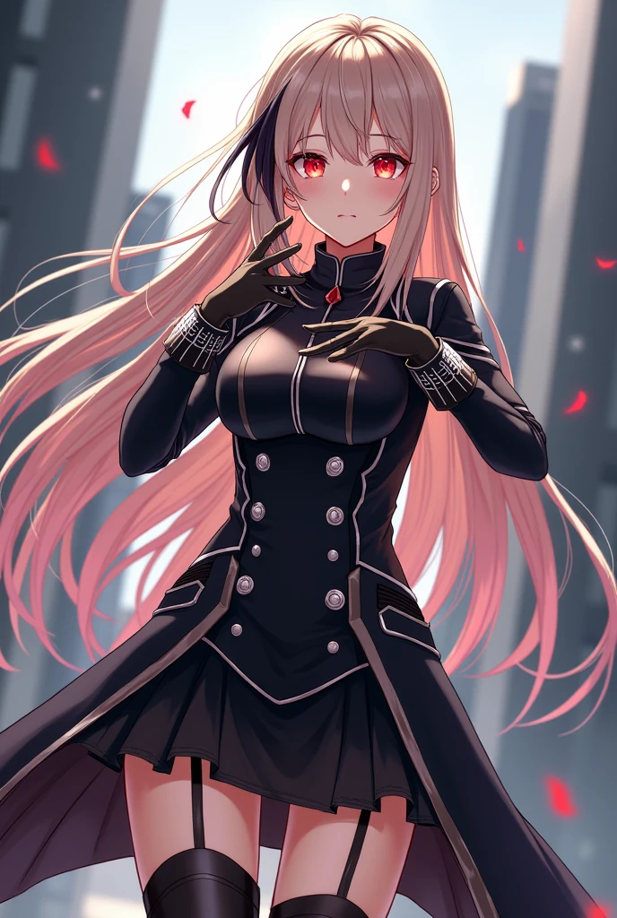 Anime girl with red eyes and long ash blonde hair with black highlights and tips, He wears a modern uniform consisting of a long-sleeved black coat with silver trim and detailing., white ornaments around both of his fists, black skirt, black gloves, Waders, Her gloves release resistant threads and she is able to manipulate them 