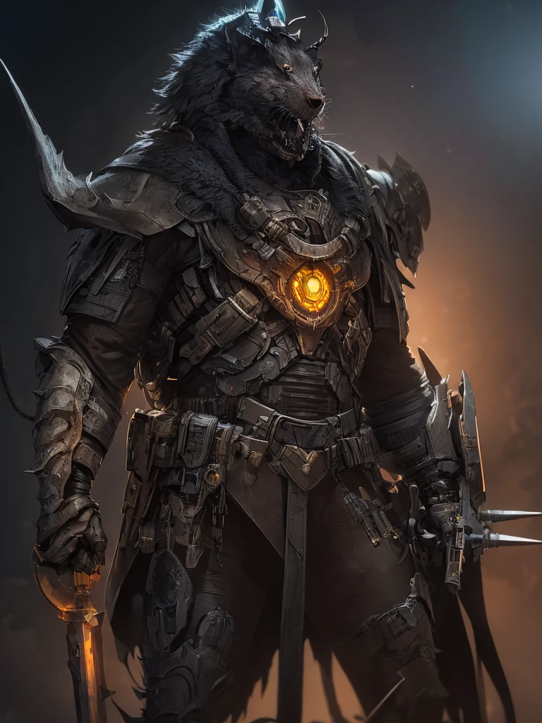 rat warrior, scientist, science fiction, character concept, evil, with a machine gun, post-apocalypse, techno fantasy