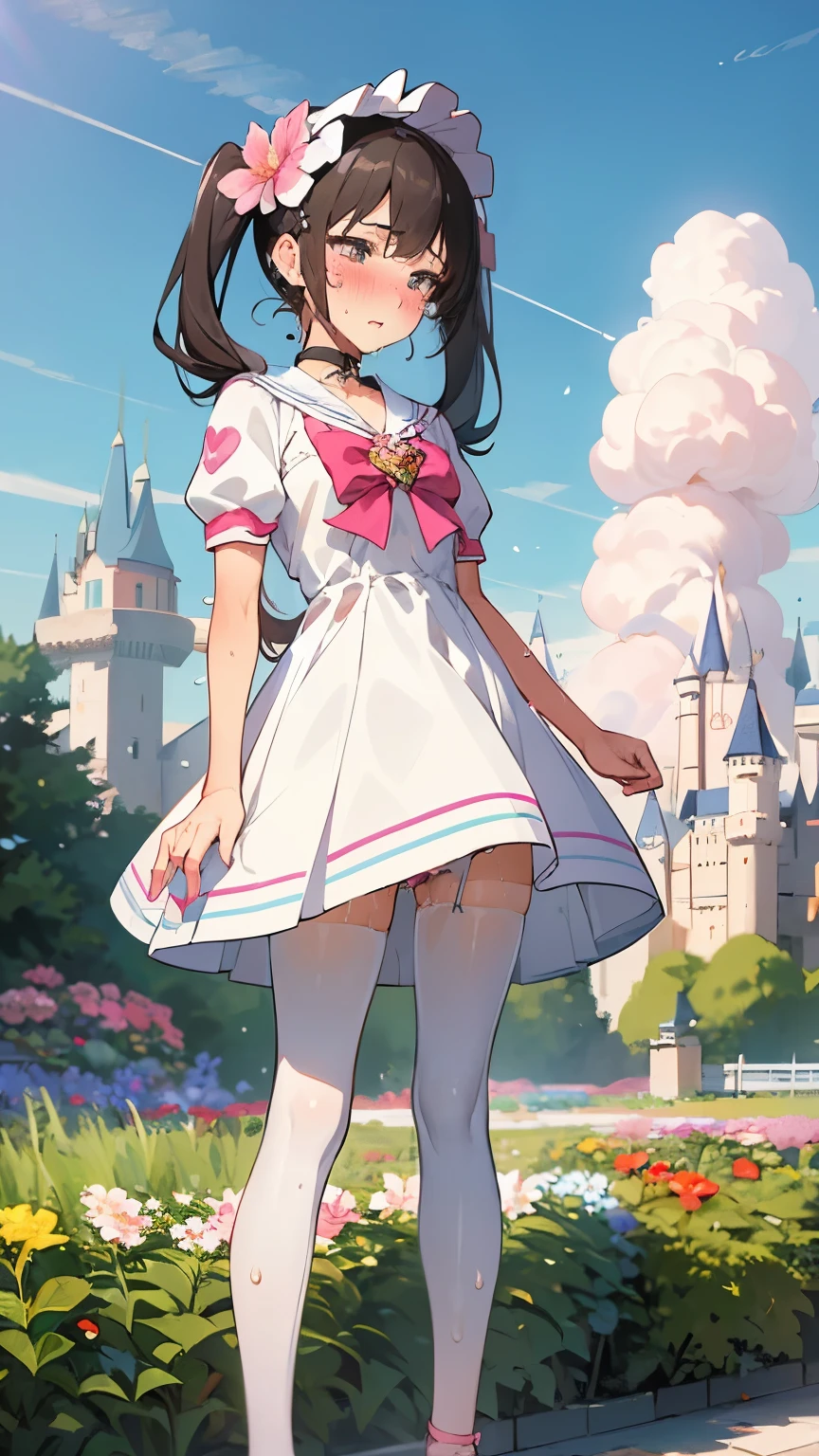 masterpiece, Highest quality, High resolution, One girl, Fluffy dresses, Sailor collar, Headdress, Lace panties, Detailed face, blush, Anime CG style, (Small breasts), Black Hair, Twin tails, Good lighting, Perfect body, whole body, pink bow, jewelry, bow, heart brooch, choker, brooch, heart, earrings, hair pink bow, (Sweaty skin:1.4),(Embarrassing,blush:1.5),(vapour:1.3),((Pussy juice stain))Glossy Lips, garden, cold, Black Pantyhose,(A flower garden with a castle in the distance:1.5)、Standing still、From below
