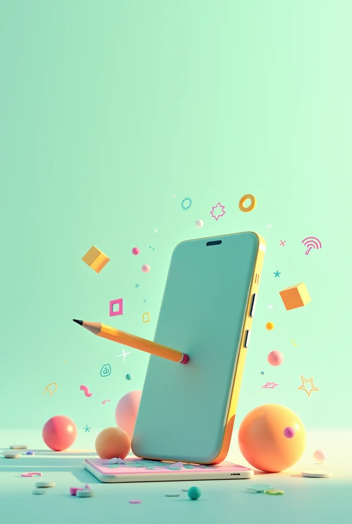phone standing with a pencil inside the screen where colored symbols appear and with a light green aesthetic background