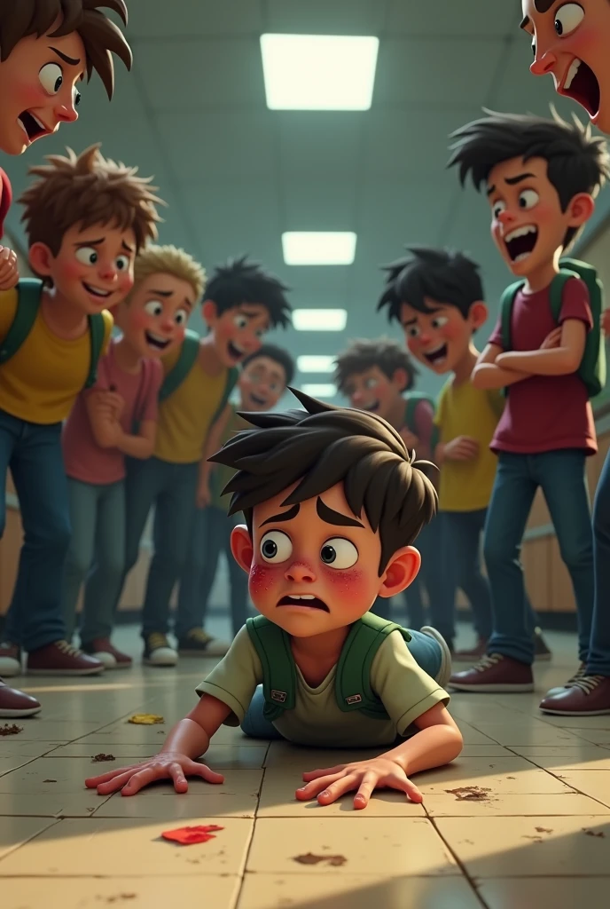 An animated image but a little more realistic, related to bullying, of a boy sitting on the floor, injured, sad and hurt, that the fund is in a school. And several more young people making fun of him, the wounded boy, keep your head down that the boy is sad, and those who agreed are laughing 