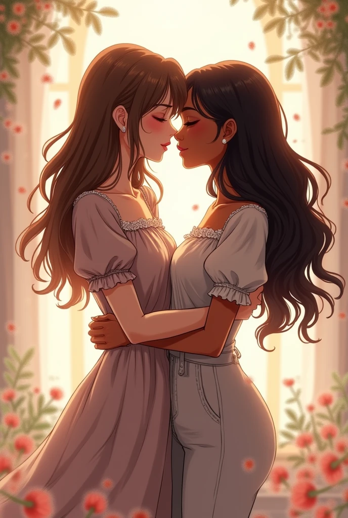 Anime style image of a couple of girls kissing, one with brown hair wearing a floral dress with country sleeves, the other African descendant with long wavy hair and pants