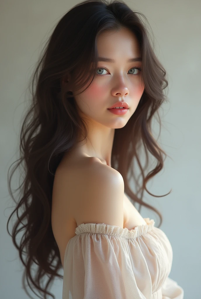 A tall woman, dark brown hair, with light blue eyes, skin fair, Calm gaze, rosy cheeks, with dimple