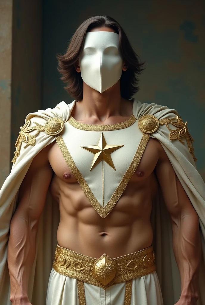 Create the image of a hero, here is his description:
- First: tanned.
- Hair: Smooth and medium-sized.
-Mask: white covering only the eyes.
- Uniform: offwhite, with gold details, on the chest there is a golden star.
- Layer: gilded