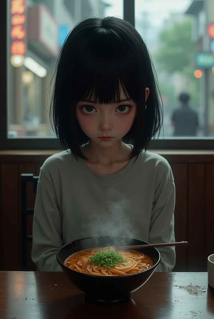 Depressed girl、Japanese、Black Hair、Bobcut、Ramen shop、Eat noodles、Real、Finish like a photo