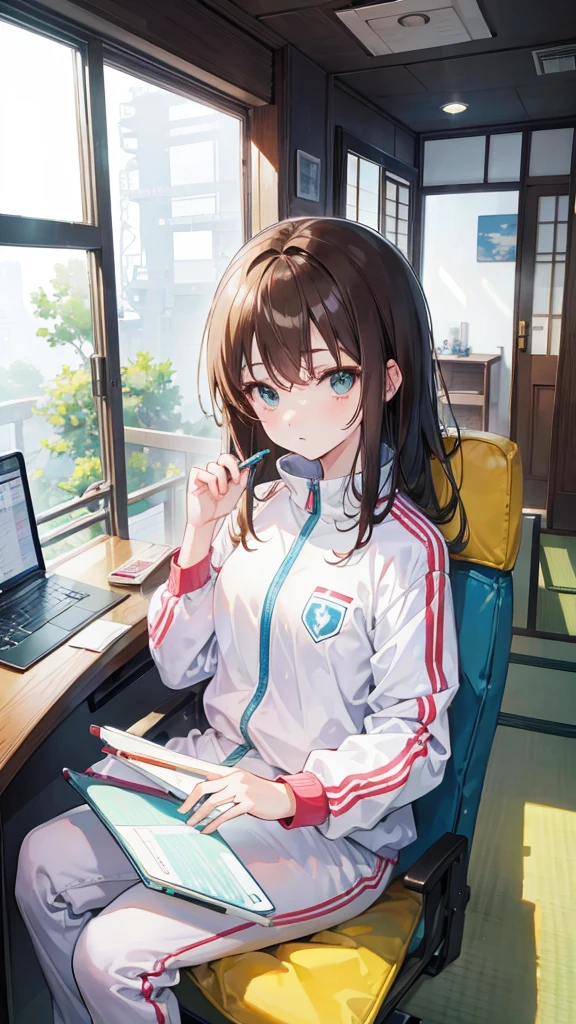 digit, Japanese animation style, super high quality, White, Green, light blue, Refreshing early summer season, night,new moon, Tokyo, Japanese, brown hair,、Tracksuit, machine、Cute, beautiful girl, Silhouette close-up, my room, 壁際のmachine, Sit in a chair and study, Hold the pen in your right hand, look at laptops, The balcony floor-to-ceiling windows are open, a cup of coffee