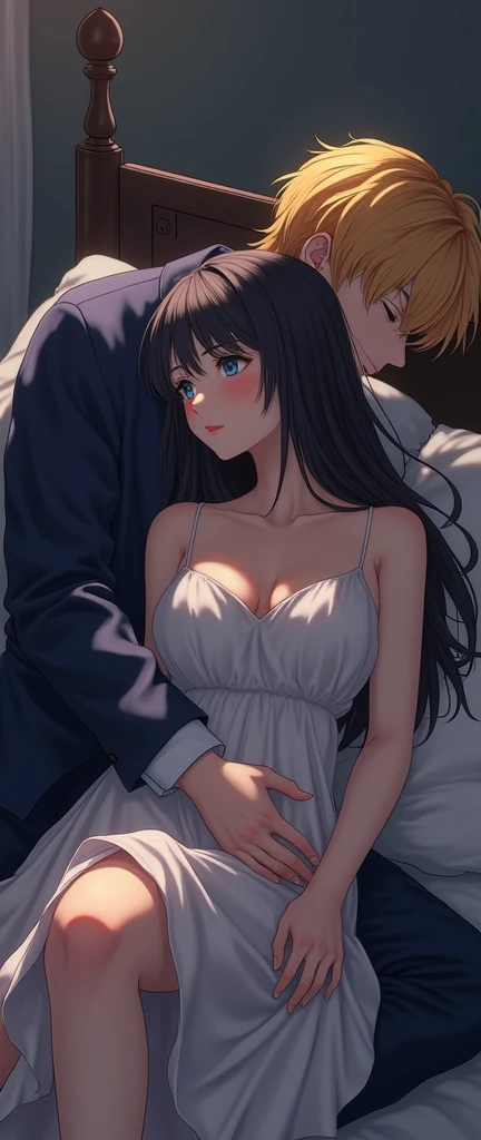 (32K:1.9, Realistic:1.9, Highest quality, masterpiece, Ultra-high resolution), Perfect dynamic composition:1.3, Highly detailed skin and facial textures:1.3, (Cute sexy slim Japanese schoolgirl, height: 155cm), (Slim Japanese high school boy, Length 180cm), ((both are lying on the bed。, A man gives a pillow to a woman。:1.3, to kiss:1.4)), Fair skin, ((Clarity:1.1)), (Man wearing formal uniform, Bright yellow hair, beautiful目:1.3), (The woman is wearing a pure white camisole dress, Straight black hair:1.3, smile:0.9, A man completely charms a woman:0.9, beautiful Blue Eyes, beautiful, Clear Eyes:0.8), Sexy Face:0.4, blush:1.1, ((beautifulエロティシズムを醸し出す雰囲気:1.0, Professional random camera work:1.0, Cinematic Lighting Effects:1.0, romantic:1.0, artistic:1.0, mysterious:1.0)), Too erotic, Object of admiration, original, dramatic, Innovative, charm, Heartful, Fancy, Tilt, sense of loss, special, exciting, Extreme, sense of openness, joy, joyの表現, ((若さのcharm, 女性的なcharm))