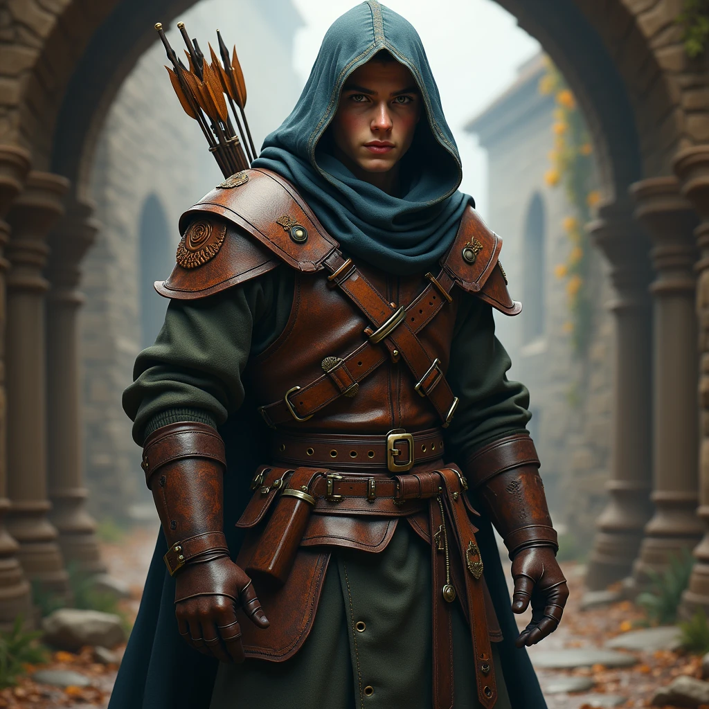 a medieval wizard, wizard warrior, leather armor, leather gauntlets, leather shoulder pads, warrior teenager, 弓, potions, Assassin outfit.
