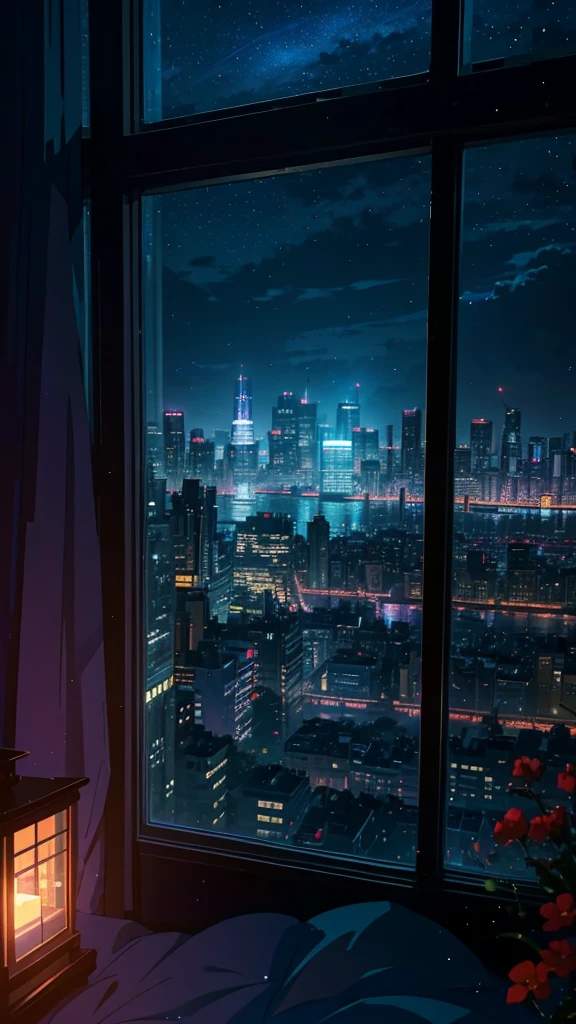An anime-style image showing a breathtaking nighttime cityscape with glowing lights from tall buildings, viewed through a large window in a cozy bedroom. The room is dimly lit, allowing the vibrant city lights to dominate the scene. The night sky is deep blue with hints of purple, perfectly complementing the illuminated buildings below. The window frames the view, creating a peaceful yet atmospheric scene. The foreground includes subtle details like small red flowers on the windowsill, adding a touch of nature to the urban setting