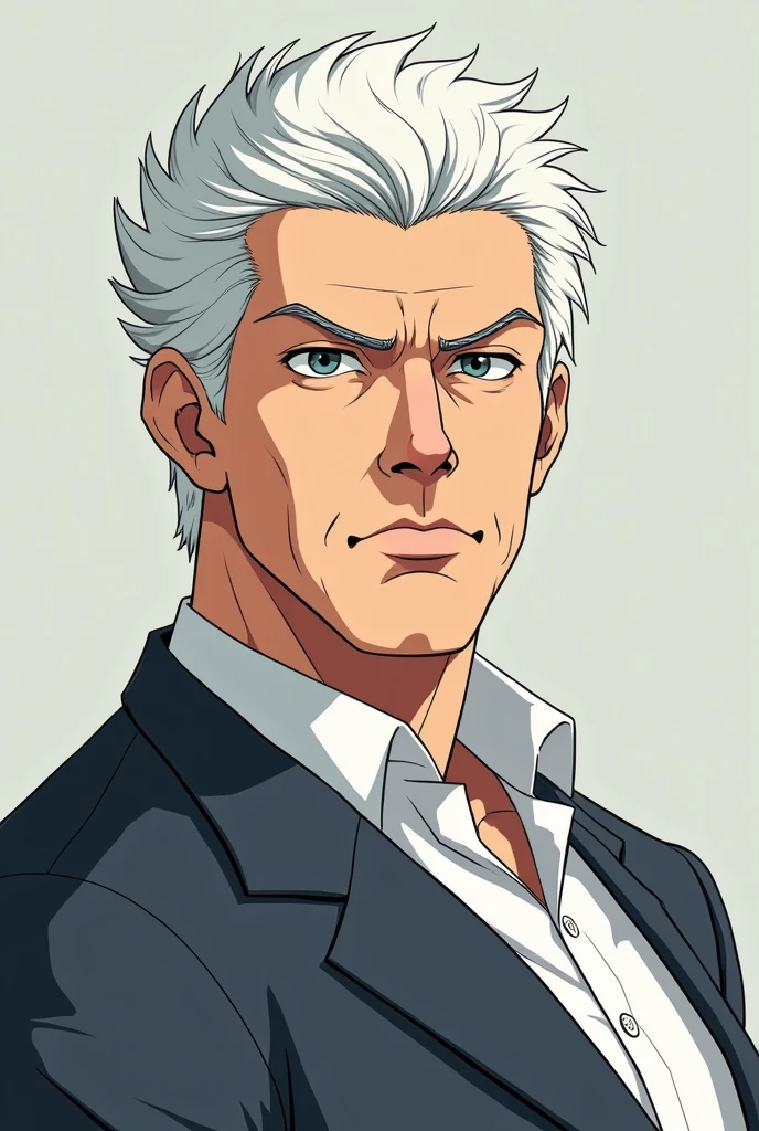 Anime 2d drawing white haired male teacher with serious expression