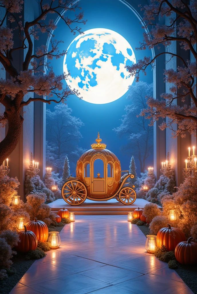 Decoration for 15 years with a Cinderella theme from the movie without showing Cinderella for a closed event hall with a full moon