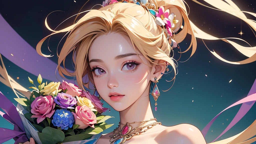 32K, 最高quality, 最高masterpiece, (ultra-Detailed Background, Detailed Background), High resolution, Super detailed, Very detailedな, 1 personの, (bouquet:1.3), (Tangled:1.2), (Geometric:1.2),(colorful),(masterpiece, quality, best quality, Official Art, Beautiful and beautiful:1.2), (1 person:1.3), Very detailed,(colorful:1.1)(Flowers:1.3),Most detailed,(Tangled:1.2), whole body, (Abstract background:1.3), (Skin glows), (Many colors:1.4), ,(Earrings Jewelry:1.5), Gradient Background, It's imaginative., Flaxen Hair,