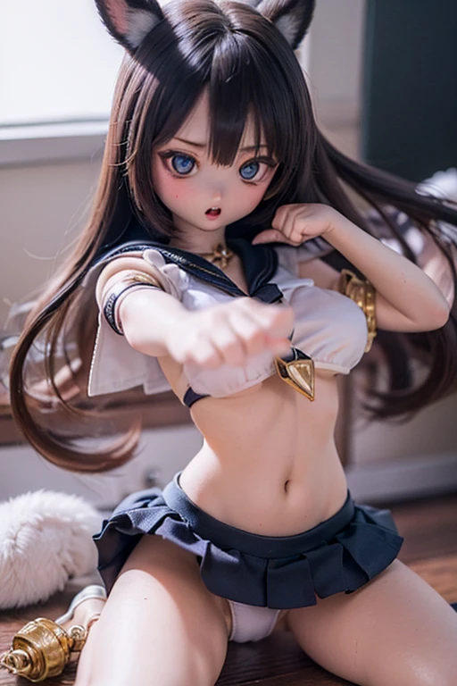 beautiful detailed girl with deep blown eyes, long blown hair, exquisite facial features, extremely detailed, 8k, high quality, high resolution, in the class room,there are some monsters,sparkle,sailor-moon uniform,pleated skirt,detailed skin textures, satin fabric, glossy fabric, shine white tiny bikini, wet bikini with water,large breasts, photorealistic, studio lighting, hyper realistic, intricate details, vibrant colors, dynamic pose,open your legs,low angle snd close up her clotch,flash light,she is fighting with monsters,