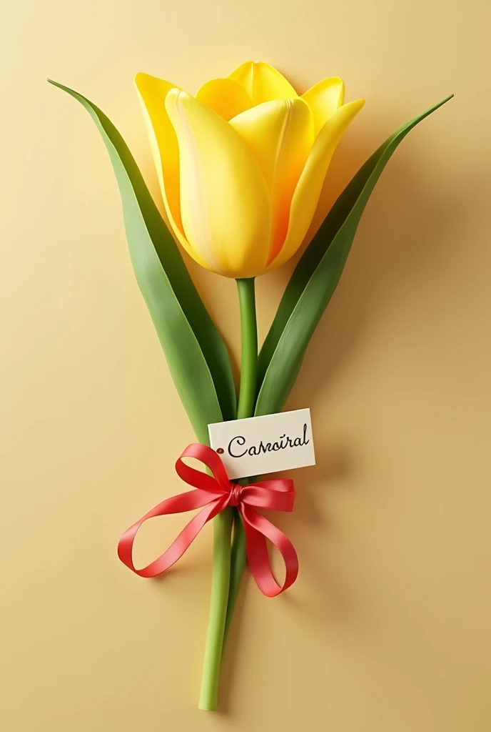 Yellow tulip with a note wrapped around the stem held by a red ribbon 