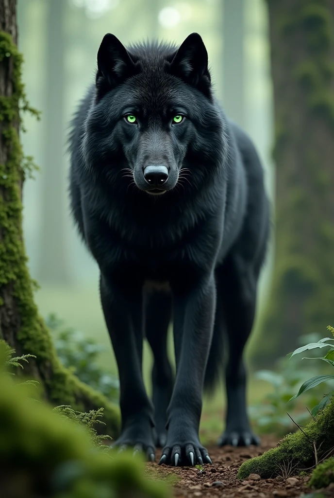 Black Wolf, greeneyes, Imposing look, with a mossy green forest behind, (realisitic), (8K resolution)