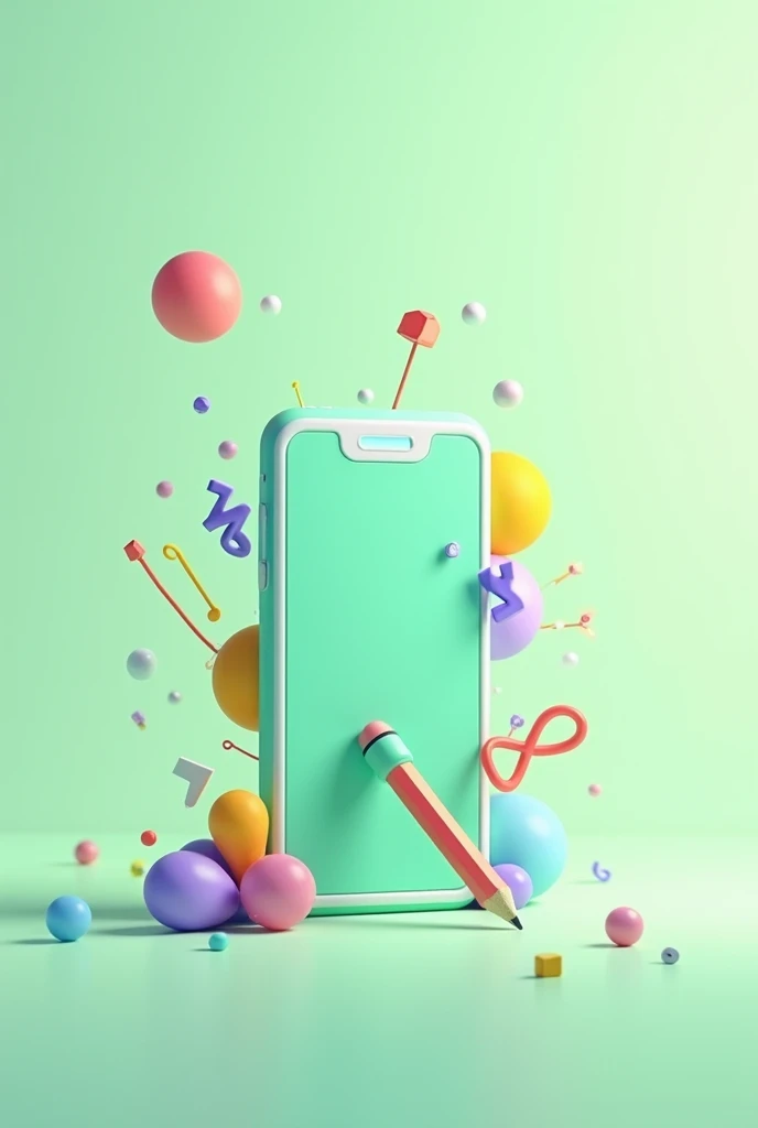 phone standing with a pencil inside the screen where colored symbols appear and with a light green aesthetic background